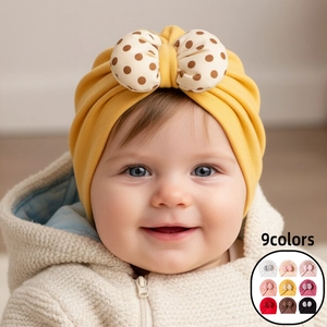 Soft Polyester Baby Turban Hat With Large Polka Dot Bow Knot Pleated Warm Beanie For Newborn Infant Toddler Girls Accessories