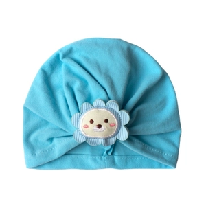 Light blue cotton baby beanie with cute cartoon lion embroidery for newborns and toddlers