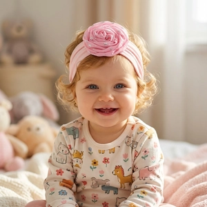 Close-up of pink elastic baby headband featuring a large fabric rose with silver glitter edges