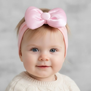 Nahaufnahme des rosa elastischen Baby-Stirnbands mit großer weicher Satinschleife