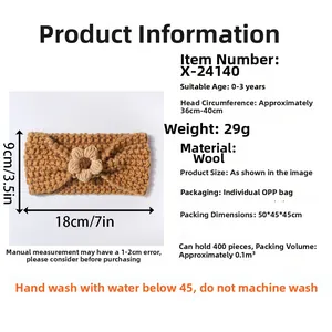Detailed size specifications for handmade knit baby headband with 3D floral accent