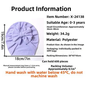 Détail du bonnet turban bébé violet avec taille 36-40cm et texture nœud doux