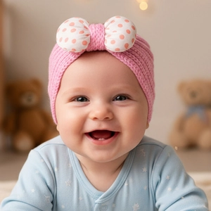 Detail of pink knitted baby headband featuring a large polka dot bow with soft texture