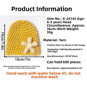 Detailed size chart for yellow knitted baby flower hat with 36-40cm head circumference