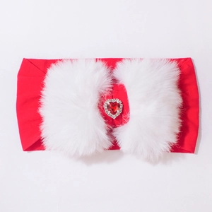 Bandeau bébé rouge avec fausse fourrure blanche et gemme en forme de cœur rubis