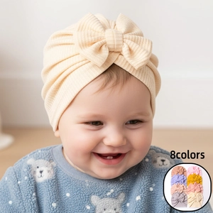 Bonnet Turban Bébé en Tricot Gaufre Doux Avec Grand Nœud Papillon Pour Nouveau-Né Enfant Fille Protection Fontanelle Accessoires Photo