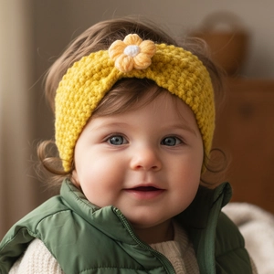 Detail showing ginger yellow knitted baby headband with a bright orange handmade crochet flower