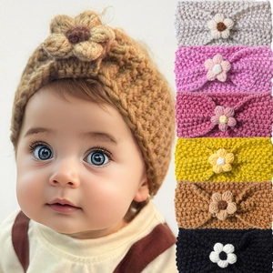 Baby elastic headbands with knitted 3D flowers in multiple candy colors for infants