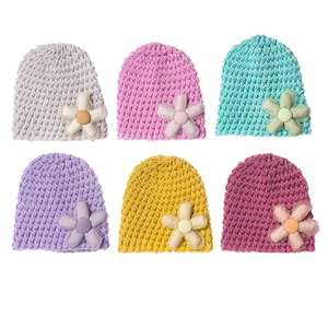 Handmade crochet baby hats with floral decoration in six assorted soft colors for winter