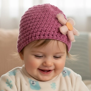 Detail of baby knitted beanie with large plaid flower and soft ear protection