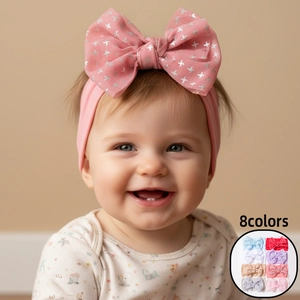 Bandeau Bébé en Nylon avec Grand Nœud et Étoiles Argentées en Maille Serre-Tête Élastique pour Anniversaire Fête Photographie