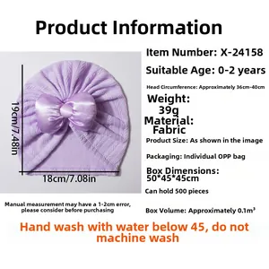 Guide des tailles pour bonnet turban violet avec nœud satin pour bébés 0-2 ans