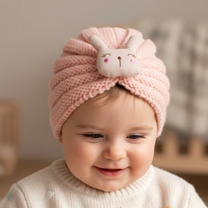 Detail of baby knit hat showing soft pink wavy texture and cute 3D bunny patch