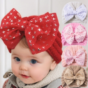 Knitted baby turban hat with large sequin star bow in multiple colors for infants