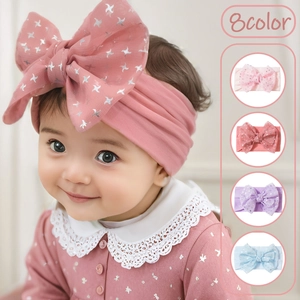 Bandeau élastique en nylon pour bébé avec grand nœud rose et motif d'étoiles argentées