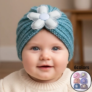 Baby Knitted Hat With 3D Flower Striped Turban Beanie Warm Winter Cap For Newborn Infant Toddler Girls Headwear Accessory