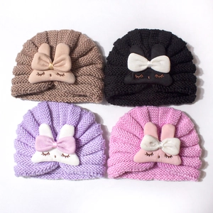 Cute baby knit beanie hats with 3D plush rabbit ears in four assorted colors