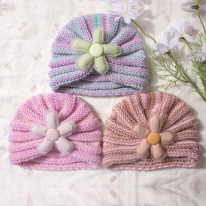 Cute striped baby knit hats with 3D flower decorations for newborns and toddlers