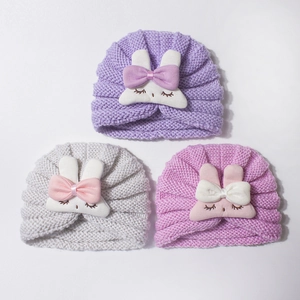 Three-pack rabbit baby turban hats in soft ribbed knit, purple, gray and pink colors