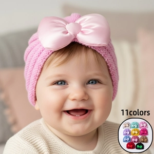 Bonnet Turbante en Tricot pour Bébé Avec Grand Nœud en Satin Couleur Unie Chaud Bonnet Nouveau-né pour Filles Hiver