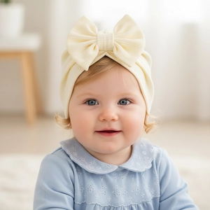 Infant waffle knit turban hat in cream white featuring a large sweet decorative bow