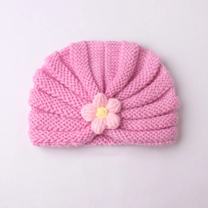 Bonnet turban en tricot rose pour bébé avec fleur 3D décorative pour nourrissons