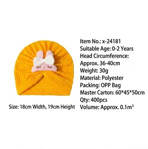 Yellow baby turban hat with bunny and bow detail for infants aged 0 to 2 years