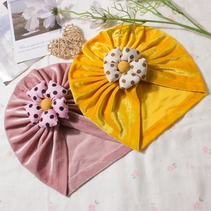 Newborn velvet turban hats in yellow and pink with polka dot flower decoration