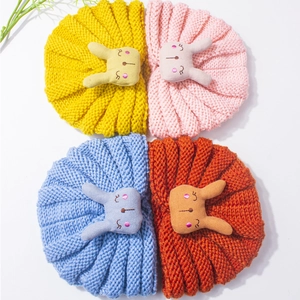 Chunky knit baby turban hat with cute rabbit embroidery in four soft pastel colors