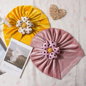 Two-pack velvet infant turban hats with polka dot floral accents for autumn and winter