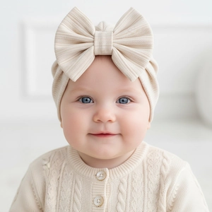 Close-up of baby waffle knit hat in creamy white featuring a large decorative bow