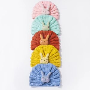 Cute bunny knit hats for babies in five soft colors with warm thick ribbed cotton material