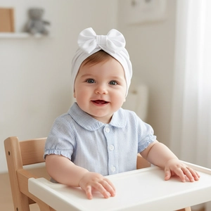 Detail of baby waffle knit bow headband in white worn by an infant sitting in a chair
