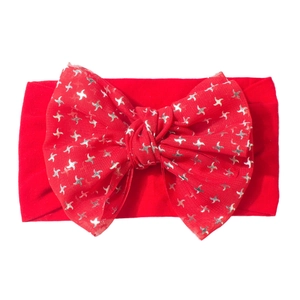Bandeau élastique rouge en nylon pour bébé avec grand nœud à paillettes argentées