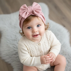 Detail of baby waffle knit bow headband in dusty pink with pearlescent button bodysuit