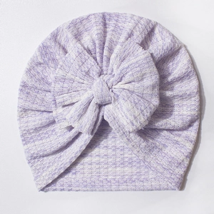 Cappello a turbante per neonato in maglia a nido d'ape con fiocco lavanda e bianco