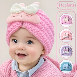 Cute Baby Bunny Knit Turban Hat With Bow Thermal Winter Infant Headwrap Fontanel Protection Soft Headwear For Toddlers