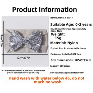 Tableau des tailles pour bandeau bébé en nylon avec nœud à paillettes argentées