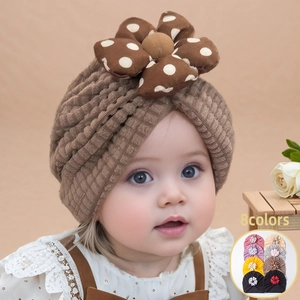 Cute Baby Turban Hat Large Polka Dot Flower Waffle Knit Infant Beanie Soft Warm Headwrap For Toddler Girls Photography Props