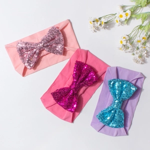 Lot de 3 bandeaux bébé en nylon avec des nœuds à paillettes en rose, violet et fuchsia