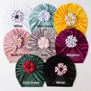 Velvet baby turban beanies set with polka dot fabric flower in eight assorted colors