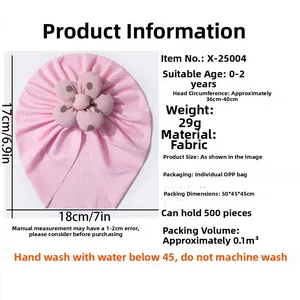 Detailed size specifications for baby flower turban hat with dimensions and age range