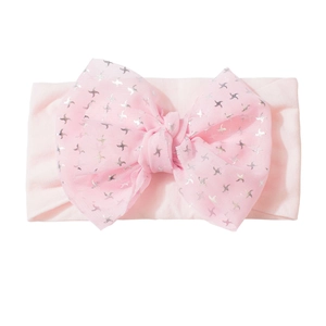 Bandeau bébé rose en nylon avec grand nœud en organza scintillant pour nourrissons