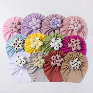 Soft ribbed cotton baby beanies set with 3D fabric flower decor in various bright colors