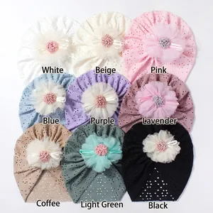 Detailed grid of hollow lace baby hats featuring mesh flowers and ribbon bows in nine colors
