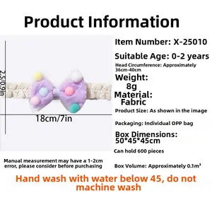 Detailed size specifications for purple bow baby lace headband with colorful pom poms
