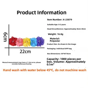 Détails du bandeau bébé avec fleurs en mousseline colorées et guide des tailles élastique