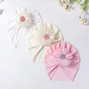Three-piece baby hollow lace beanies set with 3D mesh flowers and colorful pom-poms