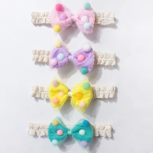 Elastic baby lace headbands with mesh bow and colorful pom-poms in four pastel colors