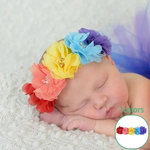 Bandeau à Fleurs pour Bébé Élastique Chiffon Arc-en-ciel Bande de Cheveux Avec Künstliche Perle Strass pour Photographie Nouveau-né